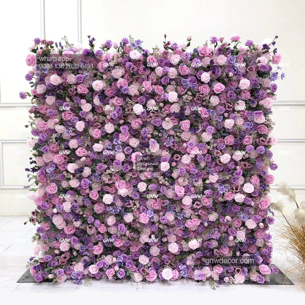 GNW Roll Up Floral Wall Artificial Silk Red Rose Flower Wall Wedding Decoration Wall Panel Backdrop