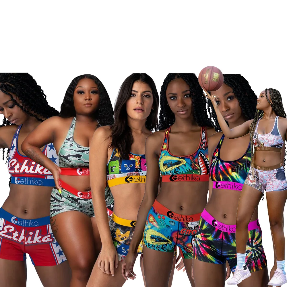 
high quality ethika women set new Tracksuit highstreet sports two piece ethika suit T back printed crop top suit 