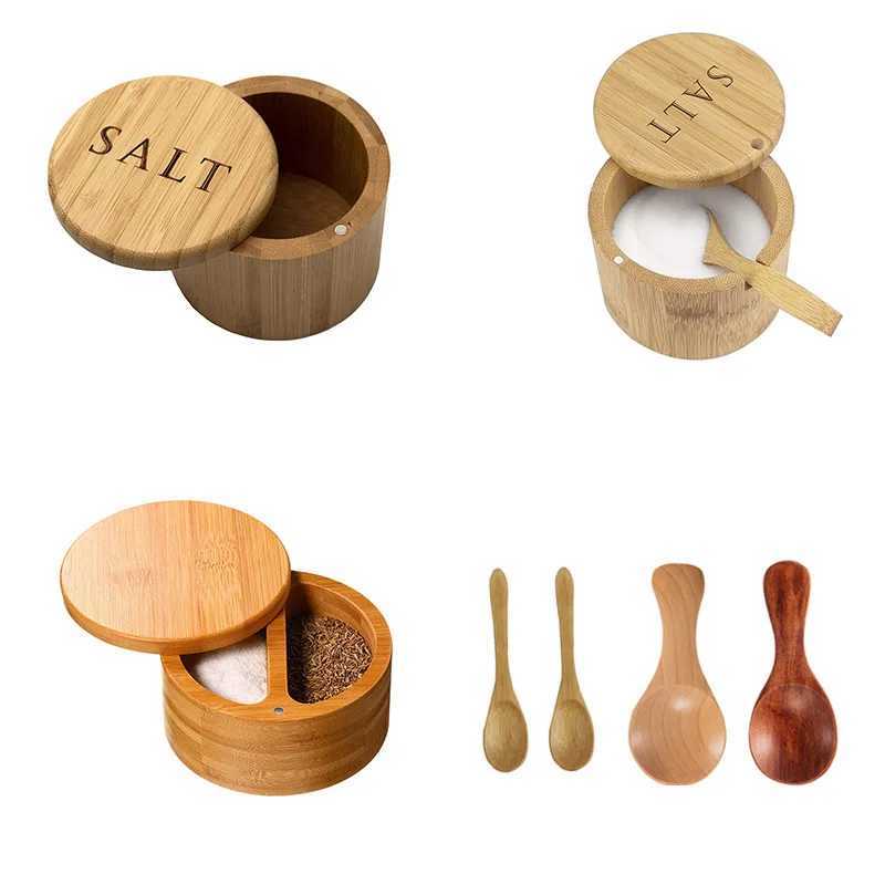 Custom Logo Magnetic Lid Spice Storage Jars Dispenser Bamboo Wood Salt Spice Box With Spoon