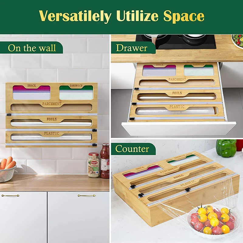 Customize kitchen Ziplock bag Tin foil finishing box multi-lattice wood plastic wrap cutting box bamboo plastic wrap storage bo