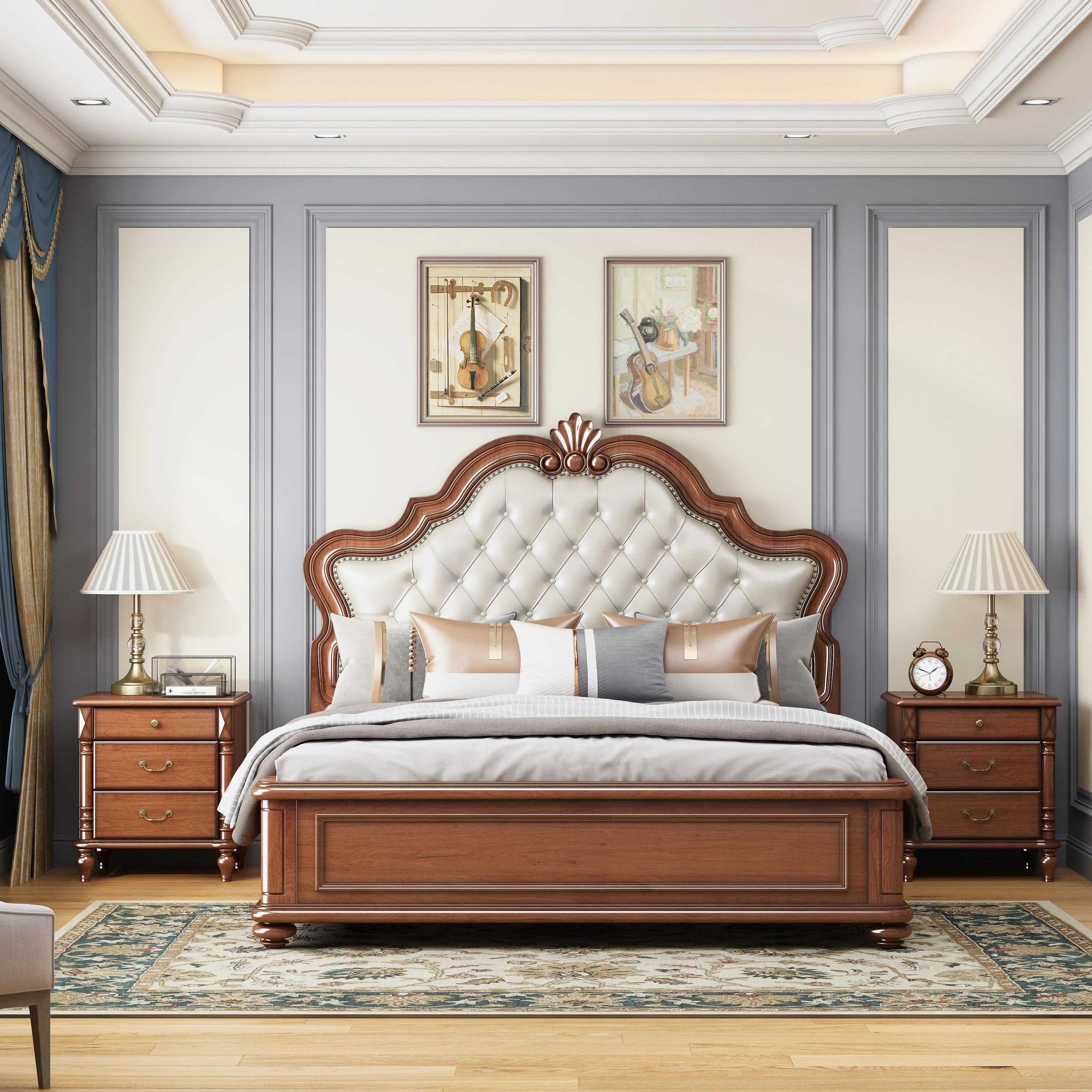 American Style Solid Wood King Size Beds Genuine Leather Storage Double Bed Retro Mahogany Bedroom Furniture