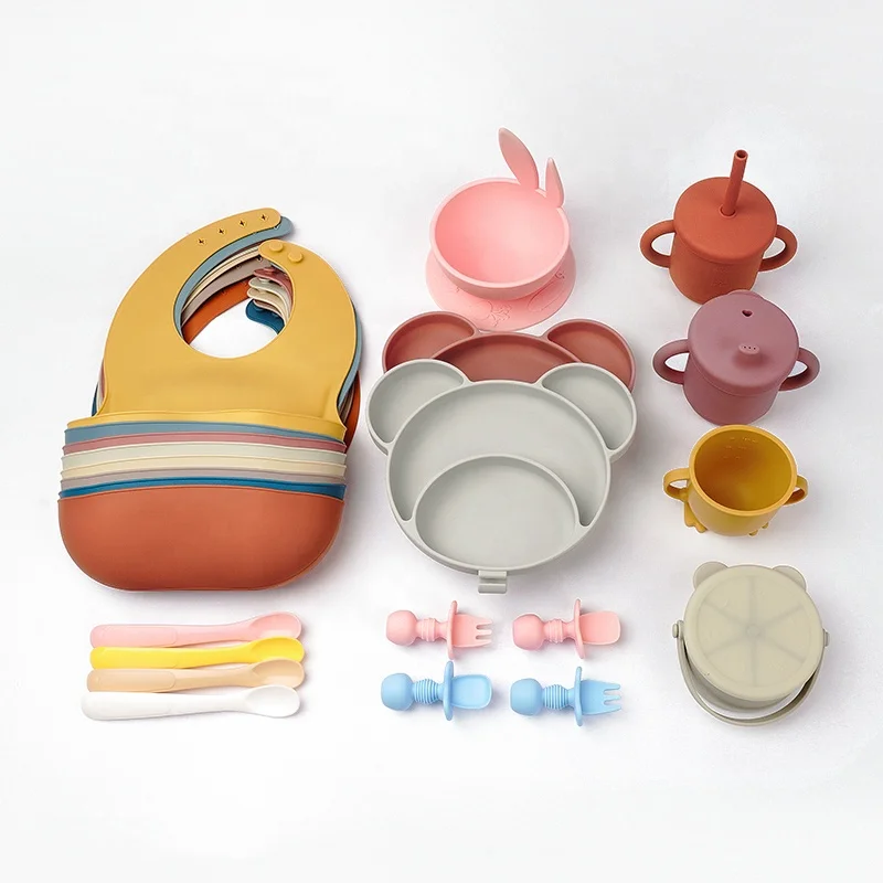 BPA Free Tableware Children Kids Eating Plate Set Suction Bowl Spoon Plate Feeding Baby Supplies Silicone Plate Bowl