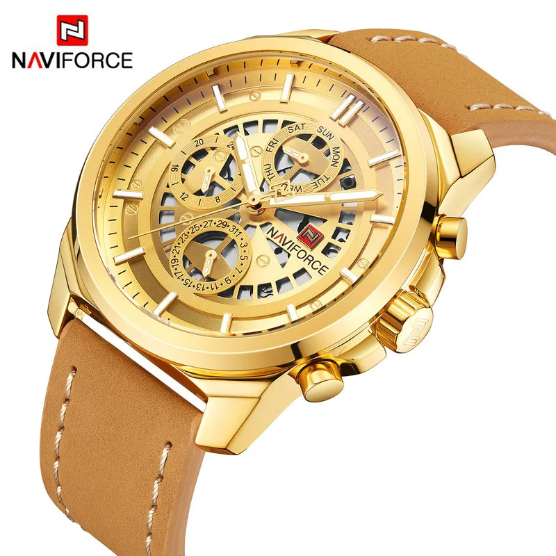 2019 Naviforce 9129 Genuine Leather Band Fashion  Watch For Men High Quality Waterproof Small Dial Can Work Male Watch