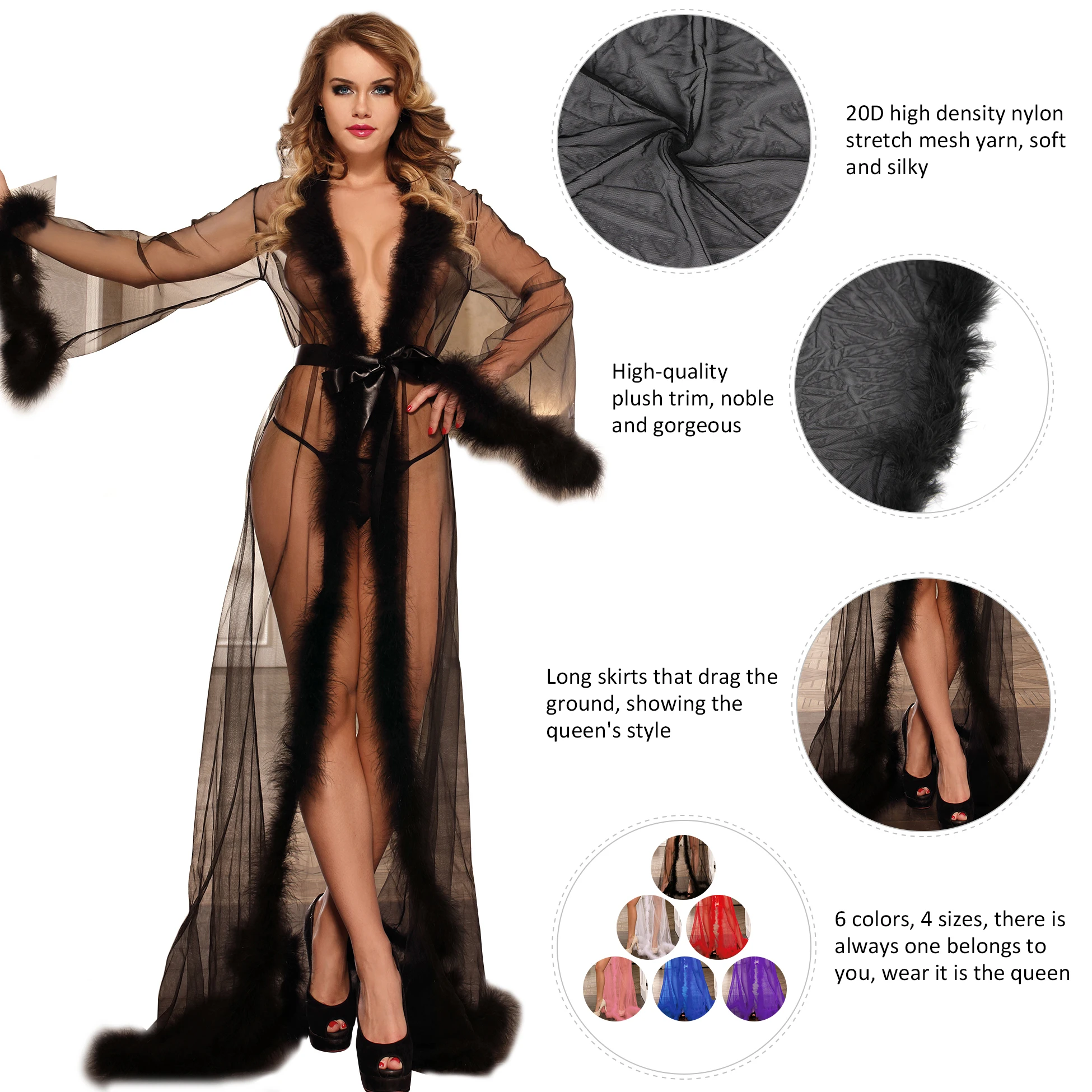 Latest design transparent night gown women sexy long  robe dress