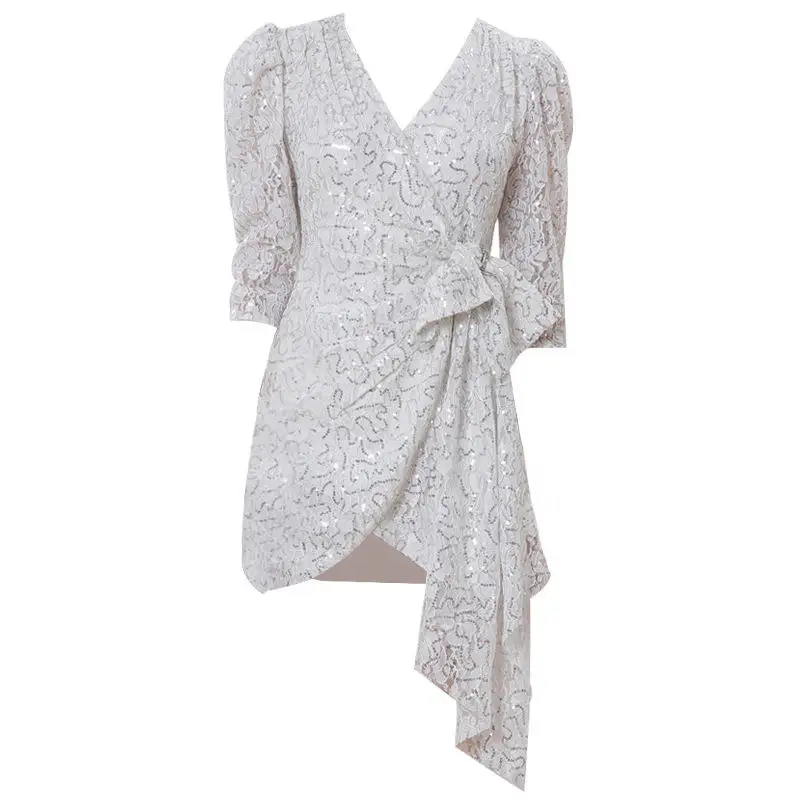 High Quality V-neck Short Tie Waist Bow Design Party Prom Sexy Dress