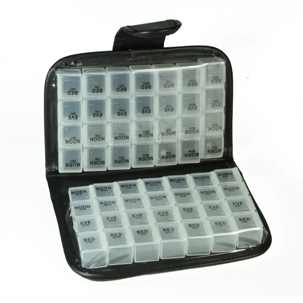14 Day Pill Box with Leather Case, Weekly Pill Organizer, Prescription & Medication Reminder Pill Box