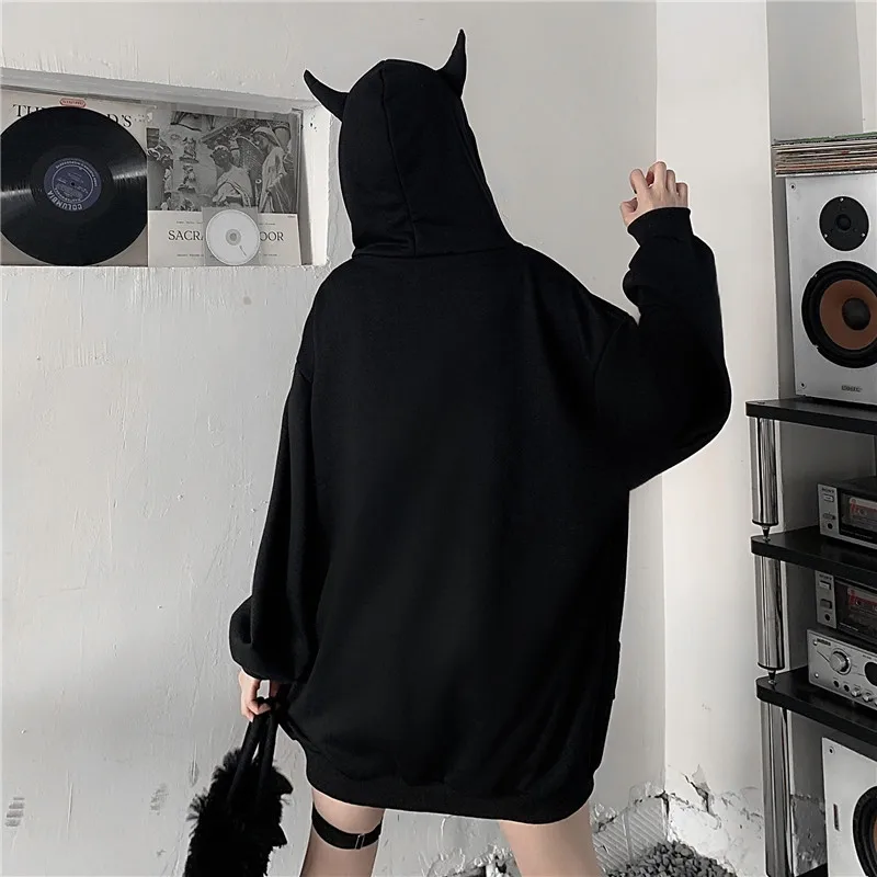 FH453 New Diablo Little Devil Hooded Winter Full Zipper Hoodie Coat Women Loose Black Cardigan Ear Sweatshirt Jacket Female