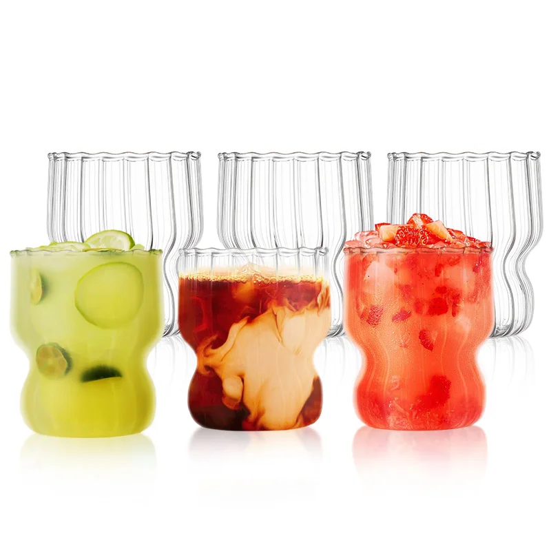 Ribbed Wave Bubble Drinking Glass Cups Iced Coffee Glasses Tumbler Glassware Beer Glasses for Cocktail Soda Gift