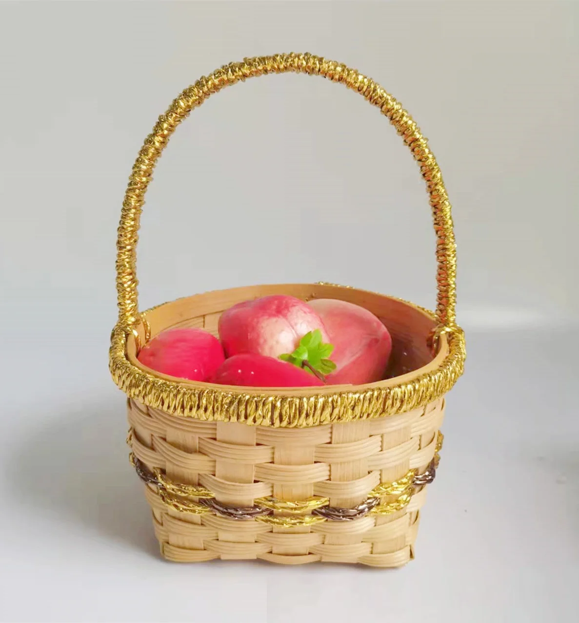 Handmade Eco-friendly Round Poplar Wood Basket With Handle And Lace Rim Woven Home Decor Storage Basket