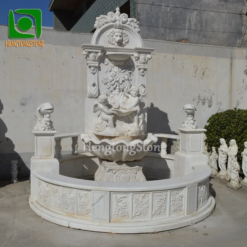 Garden Decoration Hand Carved White Marble Angel and Flower Pattern Engraving Round Stone Water Fountain