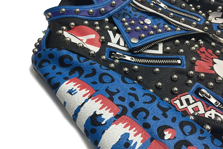 Leather Girl Street Rivets Leopard Letters Graffiti Colorful  Printed  Motorcycle Short Turn-down collar  Punk Rock Jackets