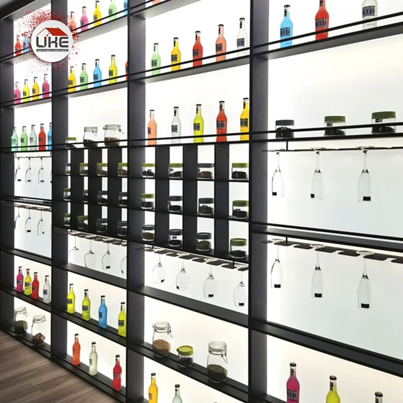 Wine Cabinet Aluminum Shelf With Hanging Cup Holder Minimalist Kitchen Shelving Built-In Led Light Wines Storage Rack