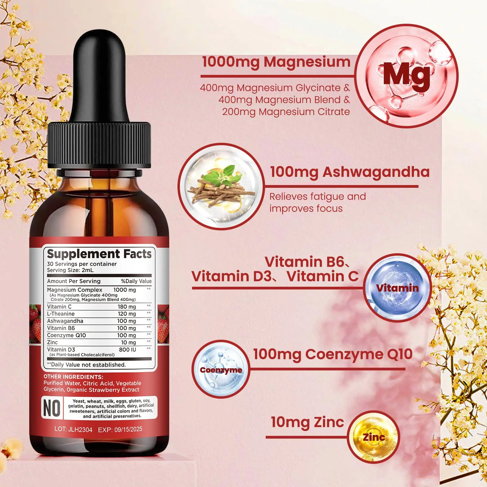 Liquid Ashwagandha Magnesium Citrate Supplement Drops Oral Dosage with Calcium Zinc Vitamin D3 B6 B12 CoQ10 Potassium Magnesium