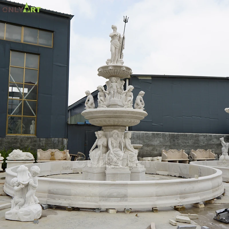 Outdoor Garden Decoration Large Marble Stone Lion Head Girl Boy Poseidon Fountain