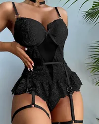 2022 Erotic Corset  Bodysuit With Garters Belt Sexy Lingerie With Bra Pads Women Red Lace Underwear