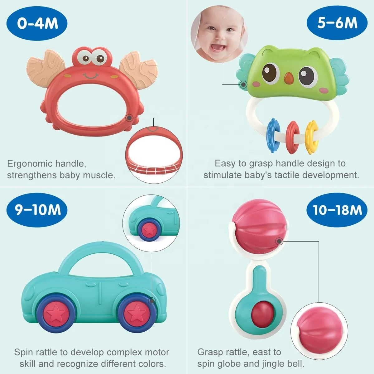 12PCS Baby Rattle Toys for Newborns BPA Free Baby Toys Rattle Silicone Teether With Storage Box