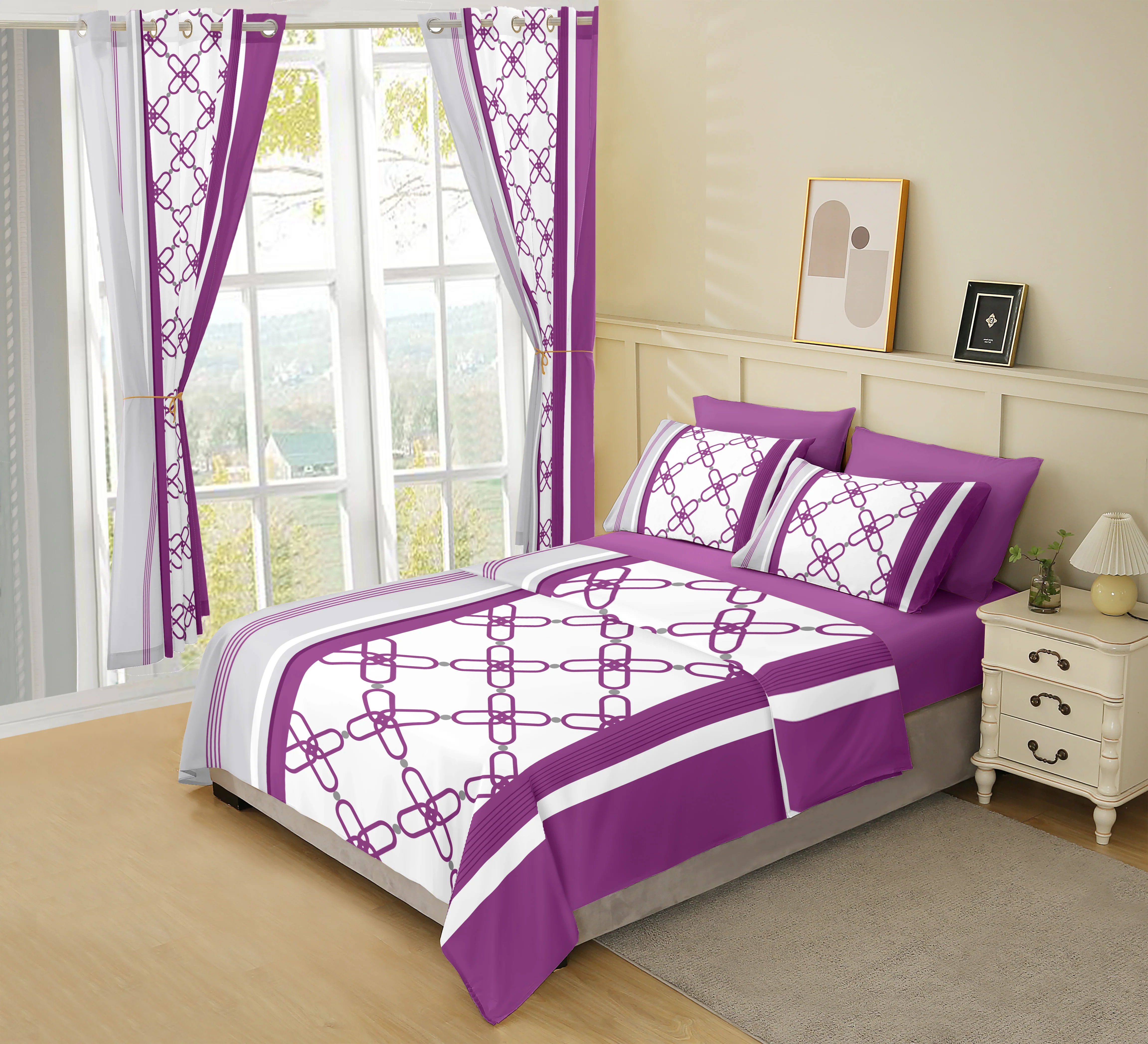 8pc designer Luxury Ultra Soft Comforter All Season duvet bed sheet with curtains bedding set