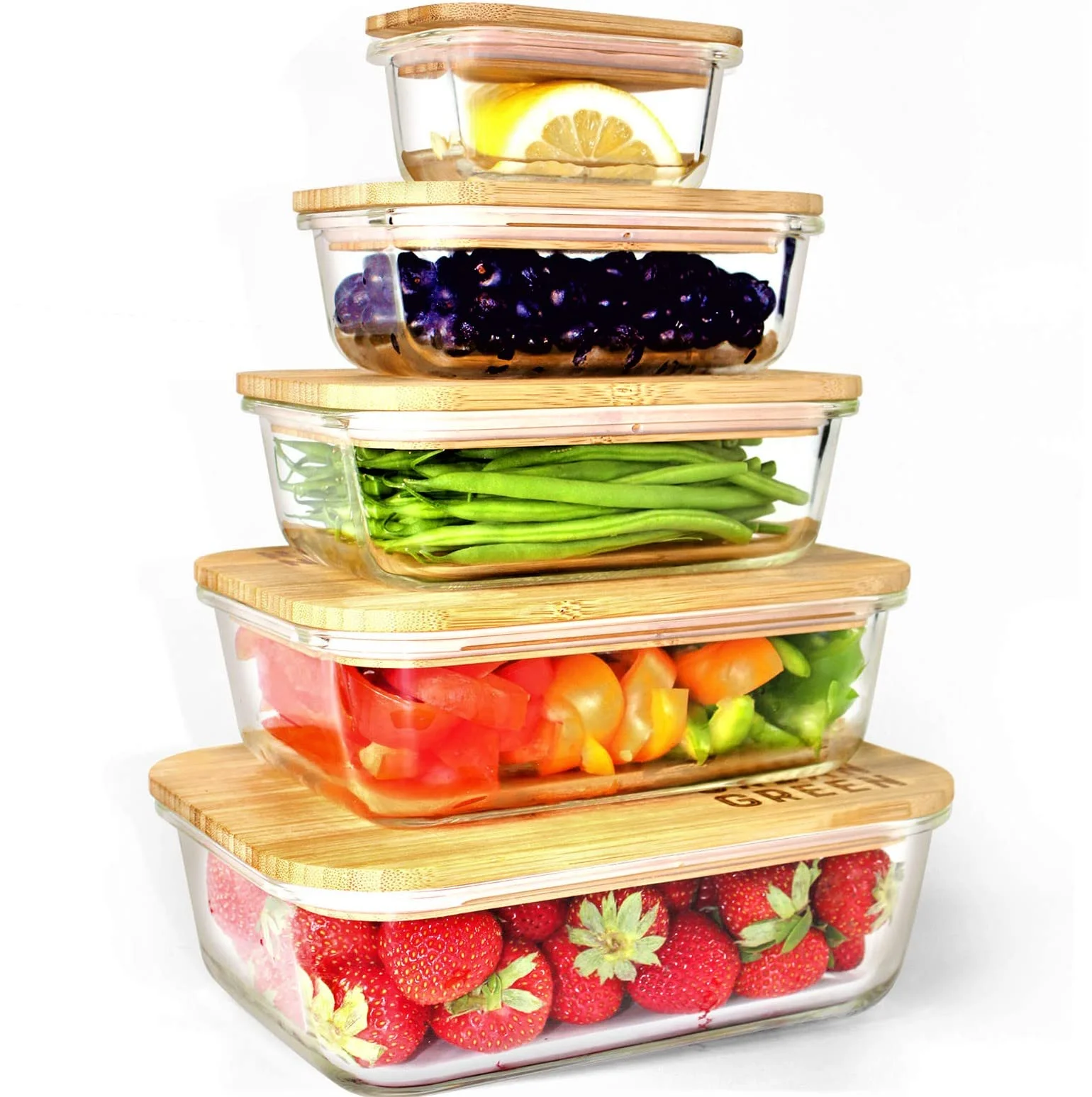 Glass Bamboo Lids, Meal Prep Containers Food storage, 5 Pack, Pantry Kitchen Fridge Cabinet Organizer