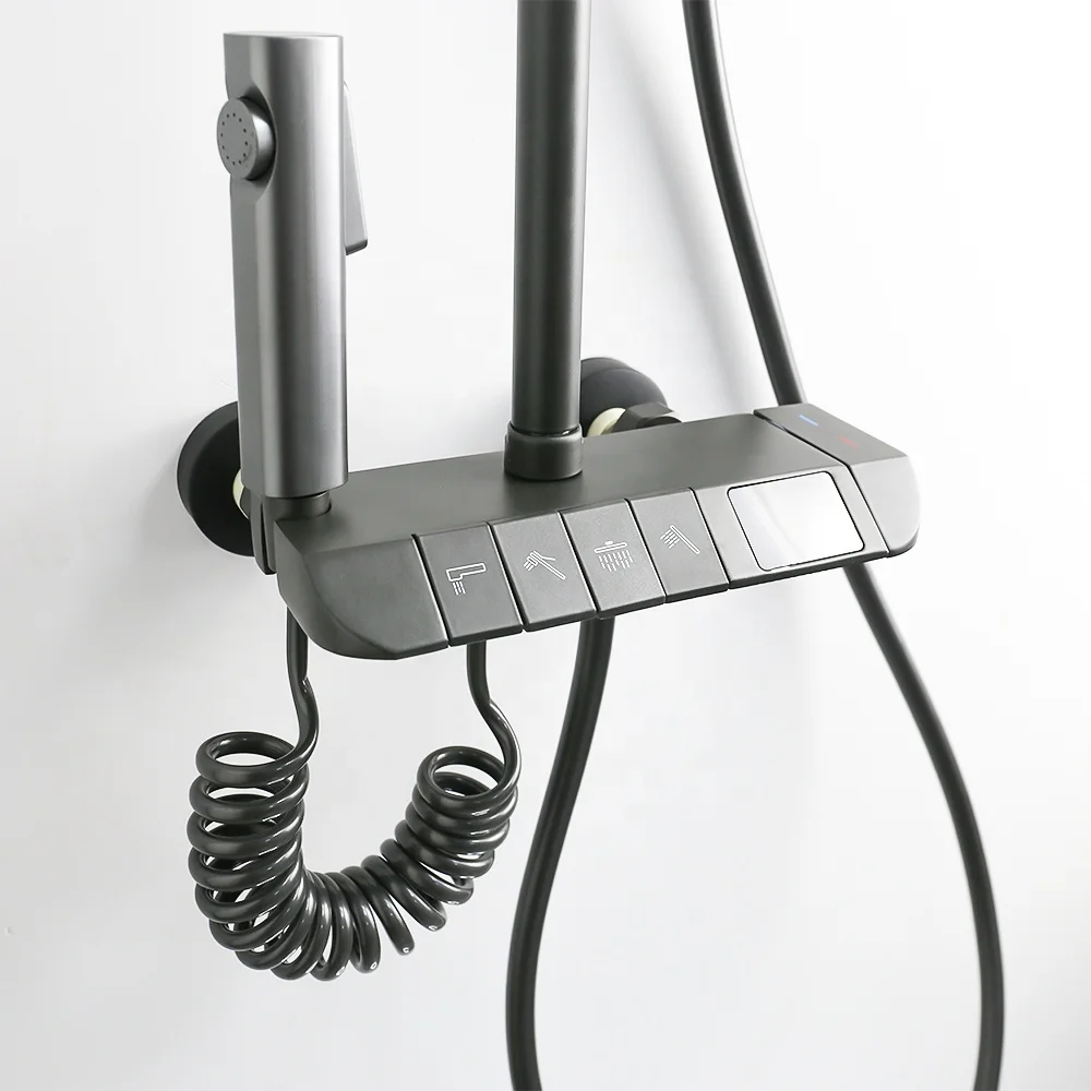 Gun Gray Square Shower Head 3 Modes Handheld Sprayer Brass Piano Shower Set Thermostat Shower System Faucet Set With Tub Spout