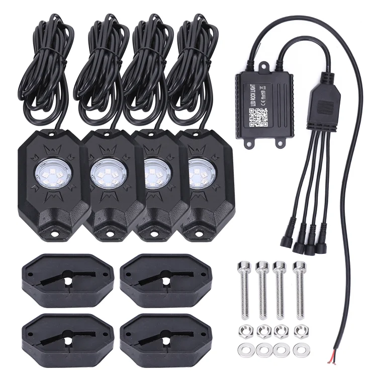 Cellphone Blueteeth Control 4 Pods RGB LED Rock Light Kits Underglow LED Car for Off Road Truck UTV ATV LED Flashing Fights 12V