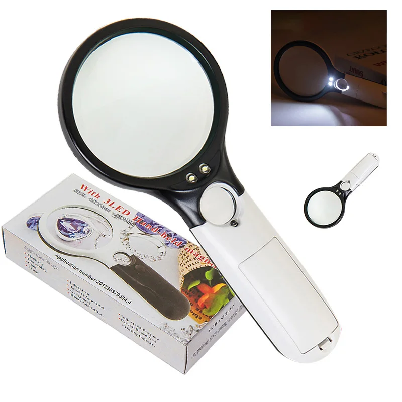 3x 45x увеличительное стекло с подсветкой ручная лупа для чтения лупа с 3 светодиодными лампами