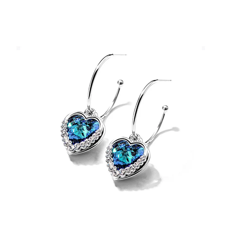 titanic heart of ocean blue heart love forever crystal heart earrings in Zinc Alloy Jewelry