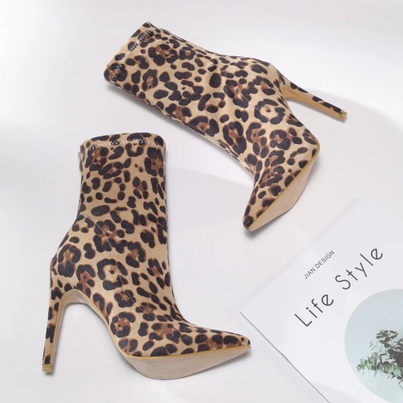 New Style Pointed Toe Leopard Print Sock Boots For Women Solid Color Sexy Breathable Sock Boots High Heel