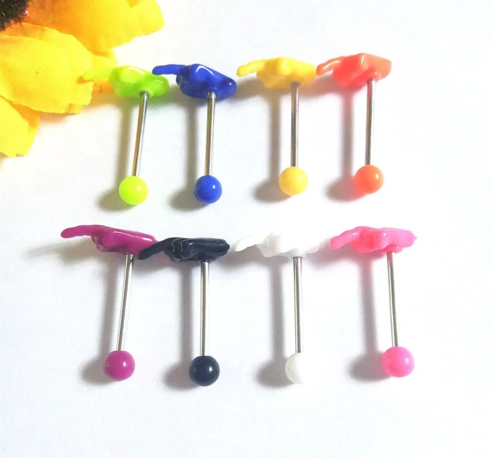 Cheaper Mix Style 1.6X16X5/7mm Neno Candy Color Solid Acrylic Finger Tongue Ring Barbell wholesale piercing jewelry