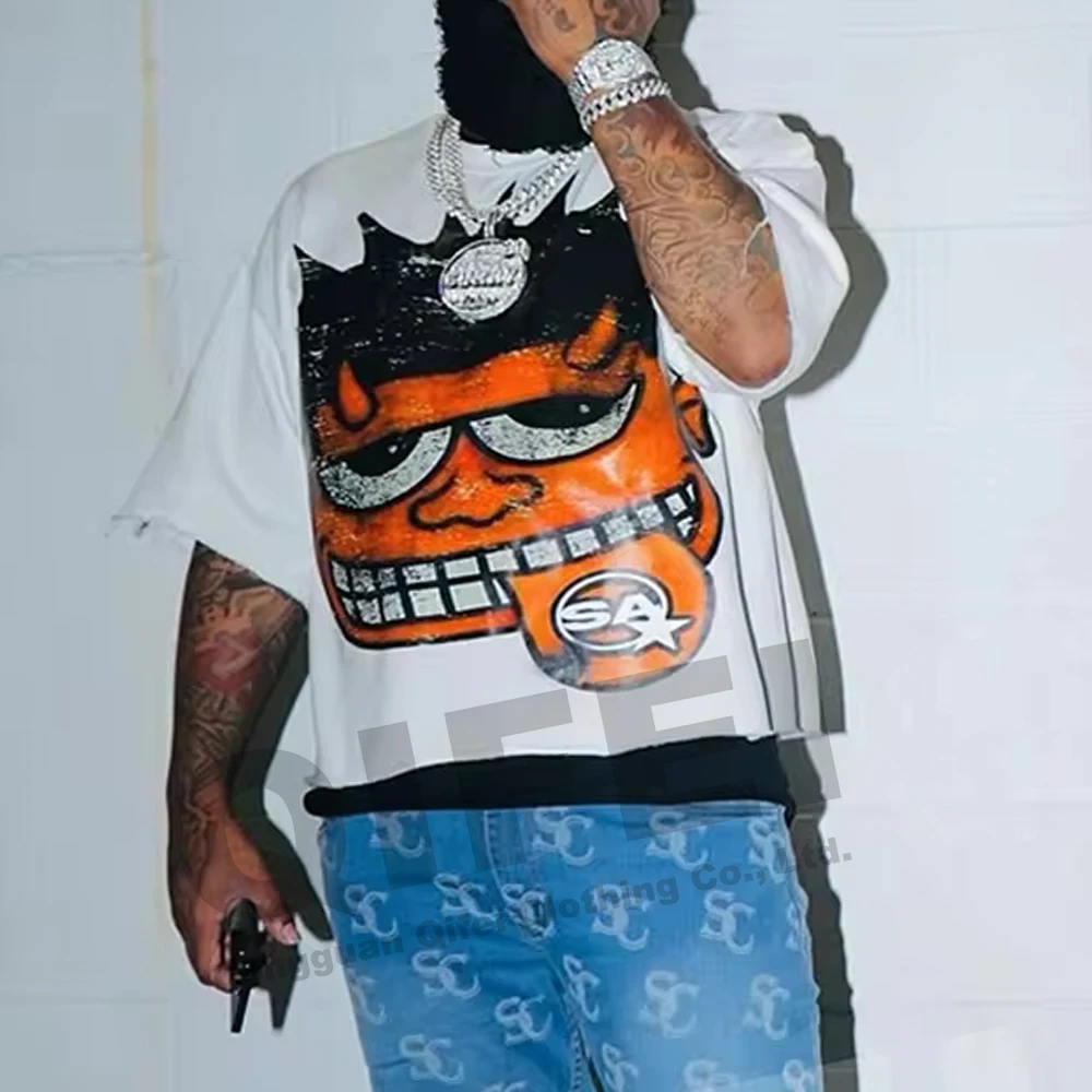 Custom tshirt manufacturer thick collar 300gsm heavyweight cropped tee oversize screen print graphic 100 cotton boxy t shirt men