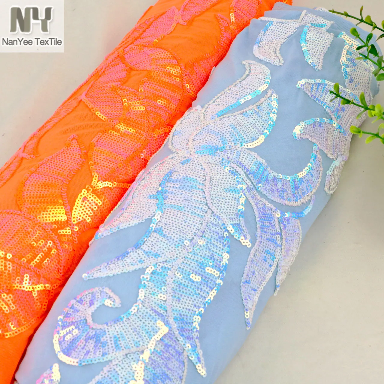 Nanyee Textile 3mm Micro Blue Iridescent Sequin Embroidered On Power Mesh