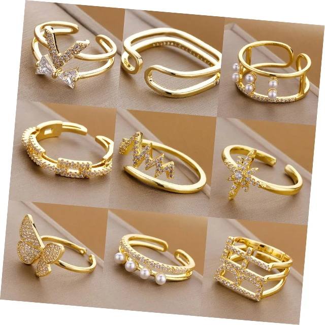 Hot Sale Varied 57 Styles Gold Plated Cubic Copper Butterfly Cuban Chain Finger Ring for Women Girl Charm Jewelry Gifts