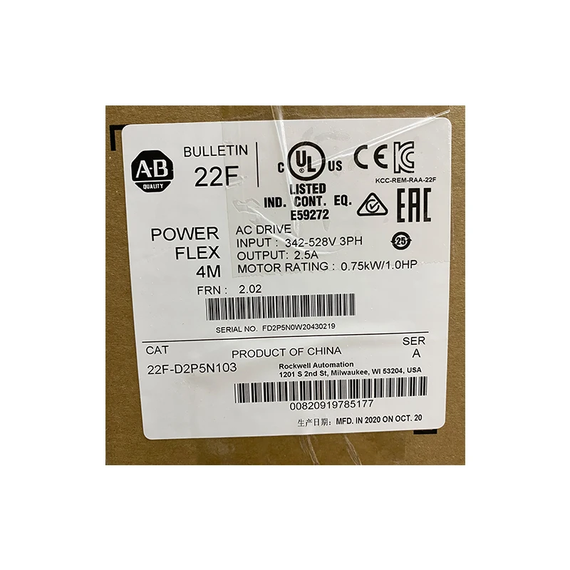 
Allen-Bradley 22F-D2P5N103 PowerFlex 4M AC Drive 480VAC 3-Phase 2.5A 0.75kW 1HP PLC 