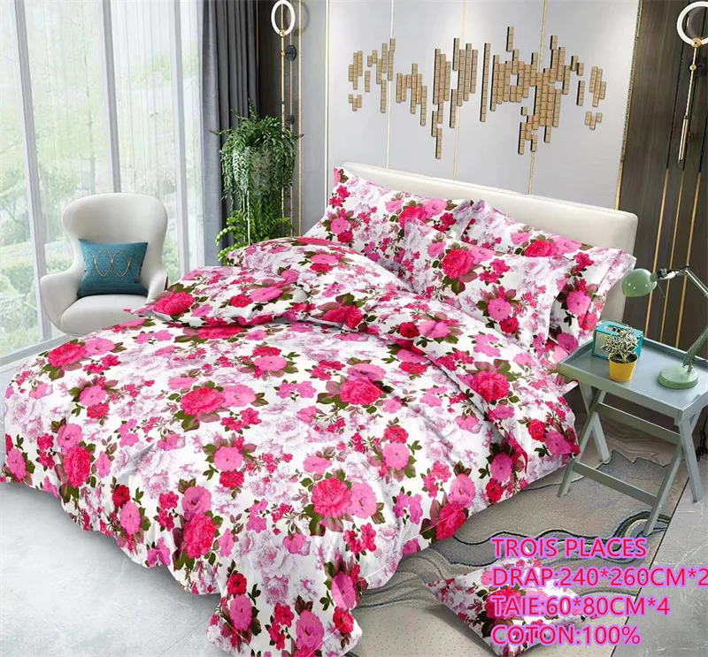 Wholesale three place bedding sheet set flower super soft cotton bedding king queen duvet drap linen