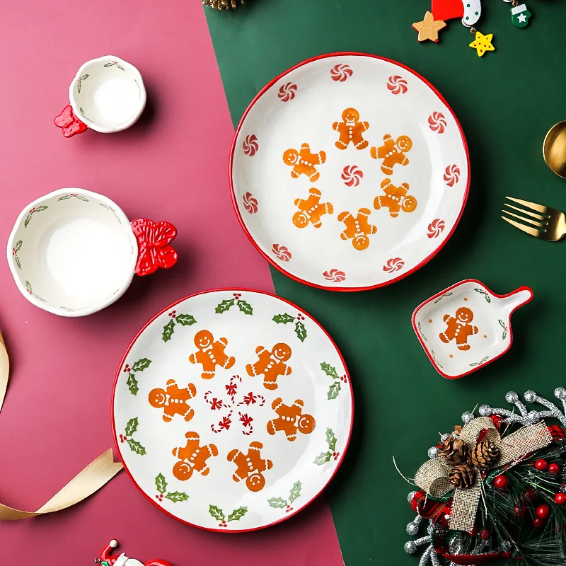 Cute Gingerbread Man Tableware Set Ceramic Plates Soup Noddle Bowls Dinner Dishes Breakfast Mug For Christmas Party