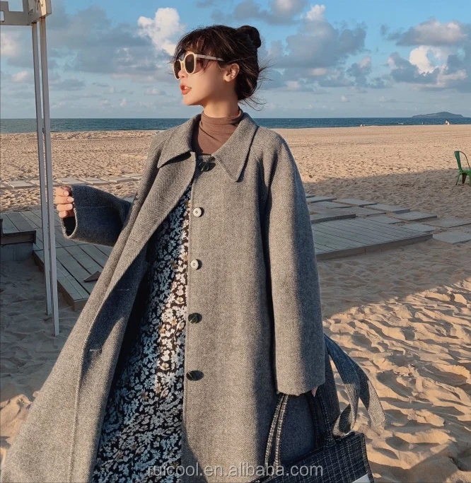 Peter pan collar wool coat with raglan sleeves in grey, herringbone pattern fabric