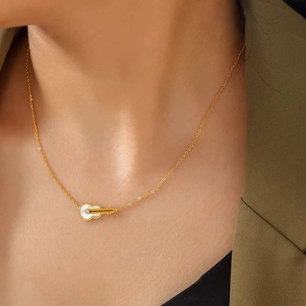 Simple Stainless Steel Gold Plated  White Shell Musical Instrument Guitar Violin Shape Cubic Zirconia Pendant Necklace for Women