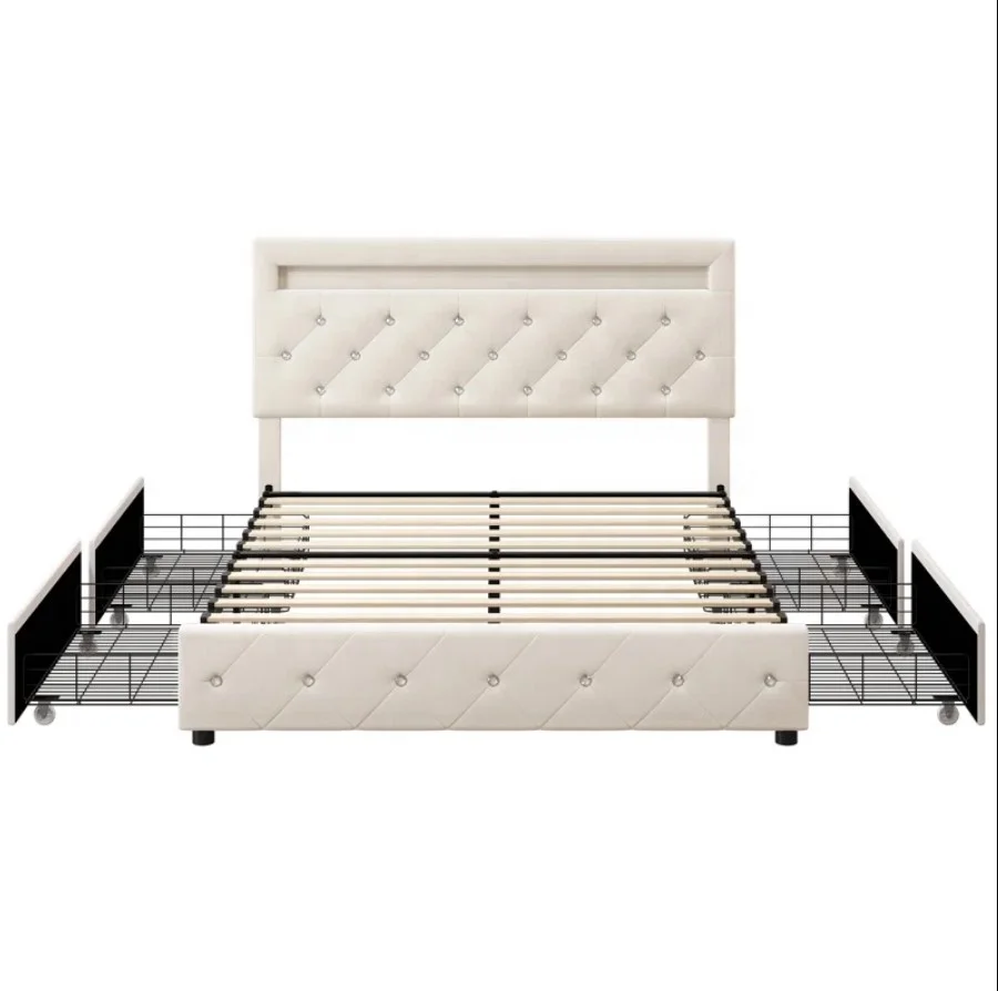 Short headboard buttons tufted leather bed beauty storage drawers double bed modern king queen size bed furniture made in China