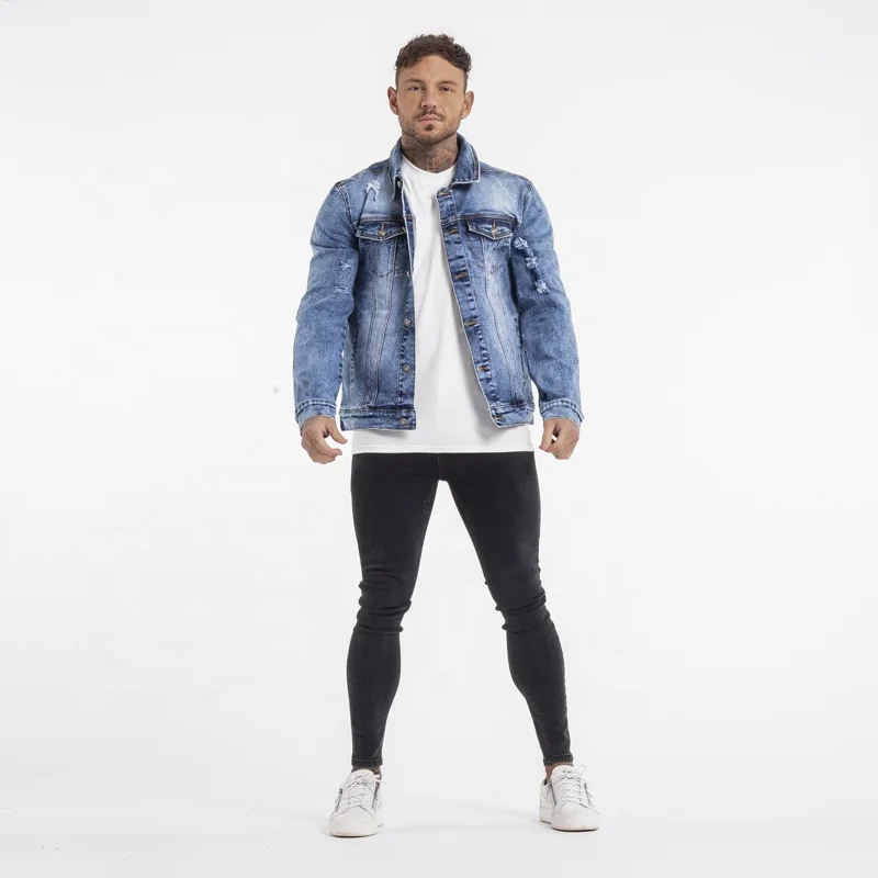 Stylish Ripped Multi Pocket Jackette Winter Wind Proof Denim Jacket Coat Custom Jackette For Men