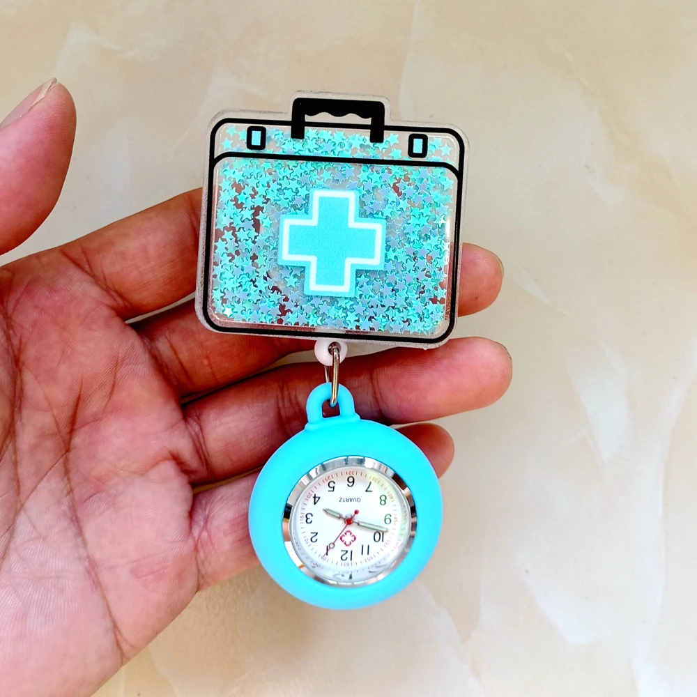 Creative Hospital Medical Icons Nurse Doctor Unisex Acrylic Shiny Retractable Badge Reel Clip FOB Pocket Watches Medicine Clock