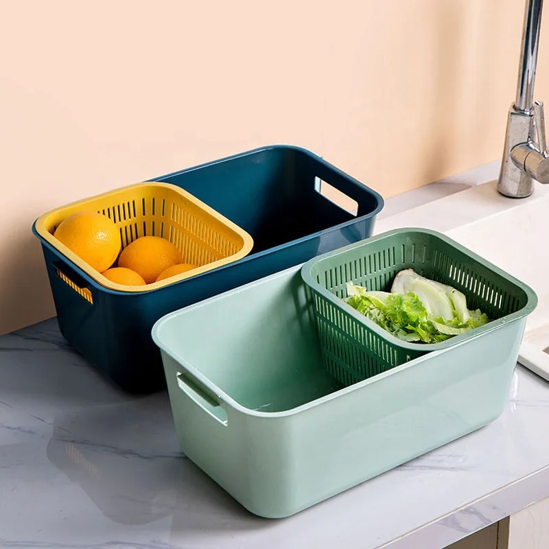Multifunction Fruit Washer Strainer and Container Double Layer Drain Basket Colander Bowl Fruit and Vegetable Wash Basket