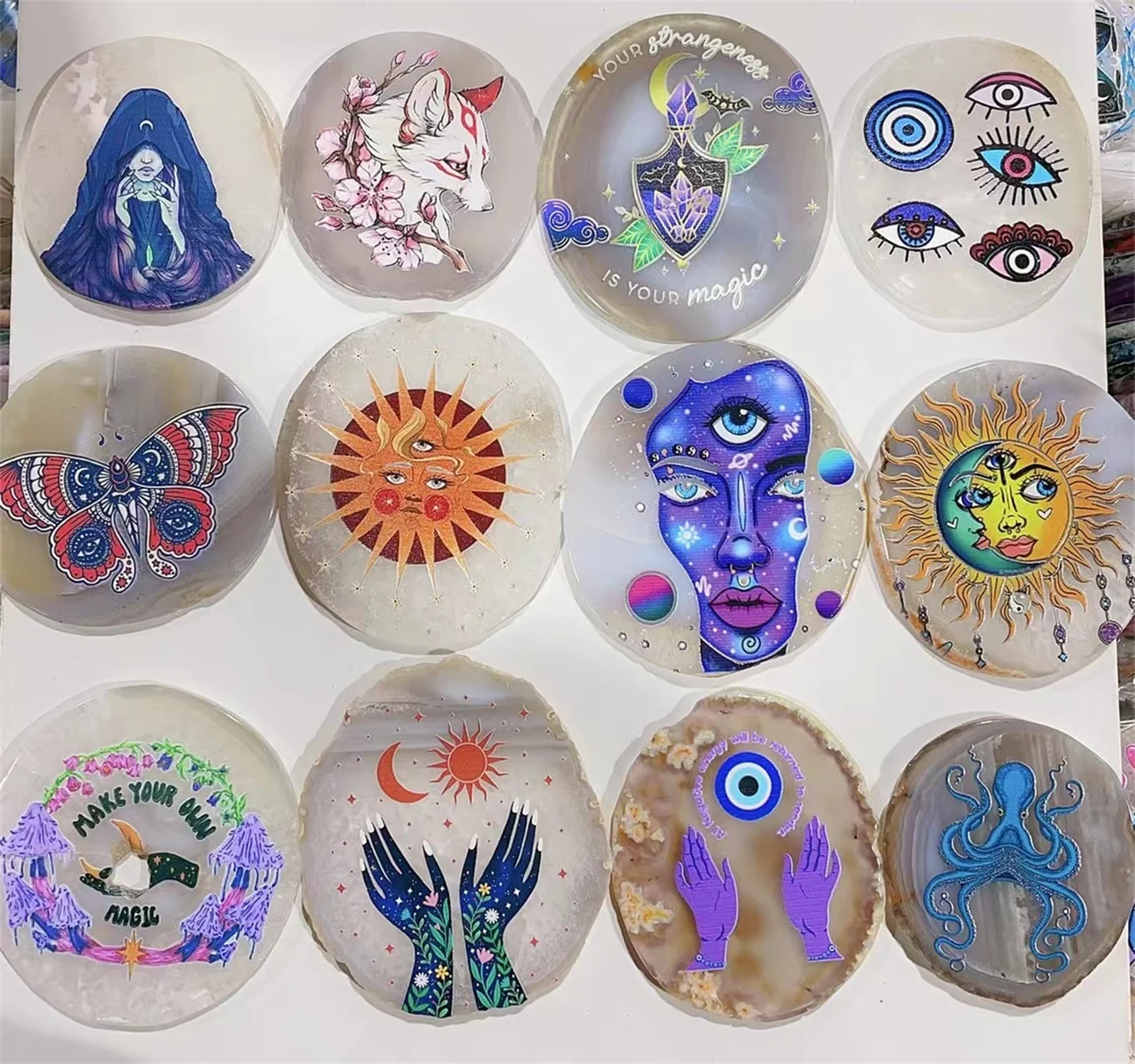 Natural crystal agate slice ornament printed pattern support custom agate coasters