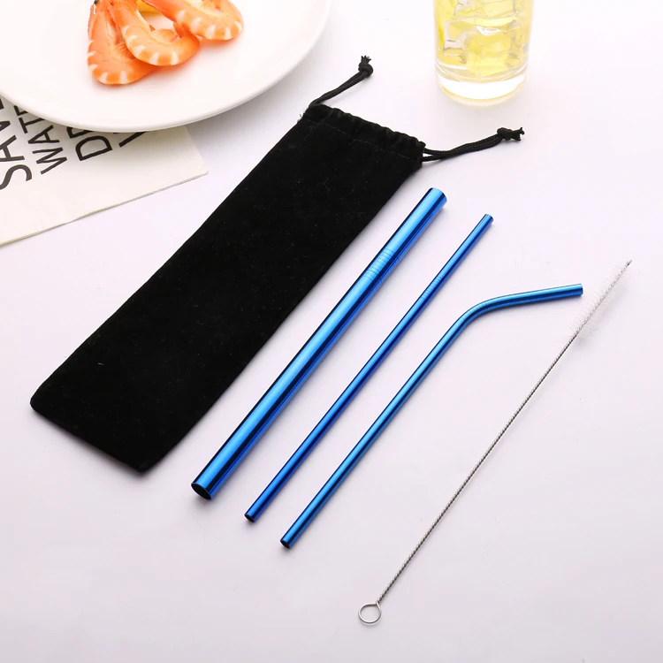 Wholesale eco friendly Reusable 3PCS Stainless Steel Drinking Metal Straws Set With Brush