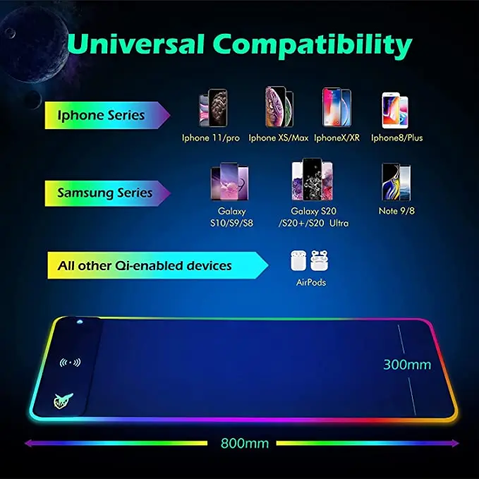 Нескользящее резиновое основание Беспроводная зарядная панель RGB светодиодный игровой коврик для мыши Компьютерная клавиатура Коврик игр MacBook ПК