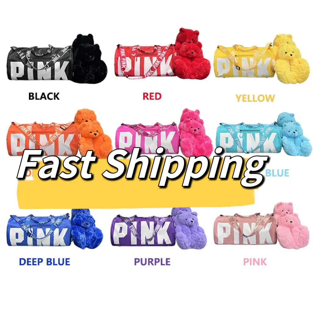 Teddy Bear Slippers Vendor With Pink Duffle Bag Warm Plush House Shoes Indoor Cartoon Bear Slipper Female Soft Anti-slip Shoes