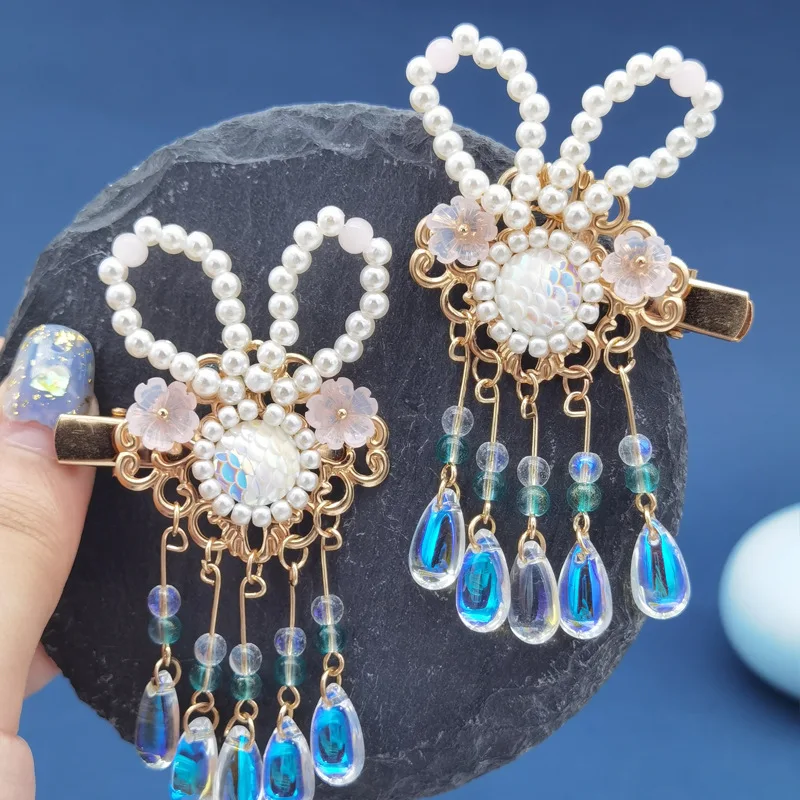 Китайские антикварные заколки Hanfu с кисточками заколка для волос милые аксессуары зажим кроличьими жемчужинами пара