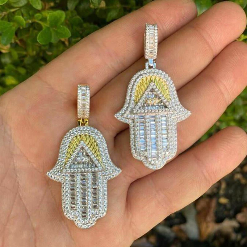 Hand Of Masonic Illuminati Eye Pendant Necklace Hip Hop Iced Out Cubic Zirconia Sliver Plated CZ Fatima Choke Women Men Jewelry