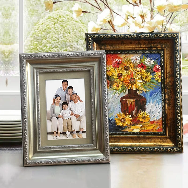 8*10' Baroque retro design style wood golden silver color table Plastic photo frame