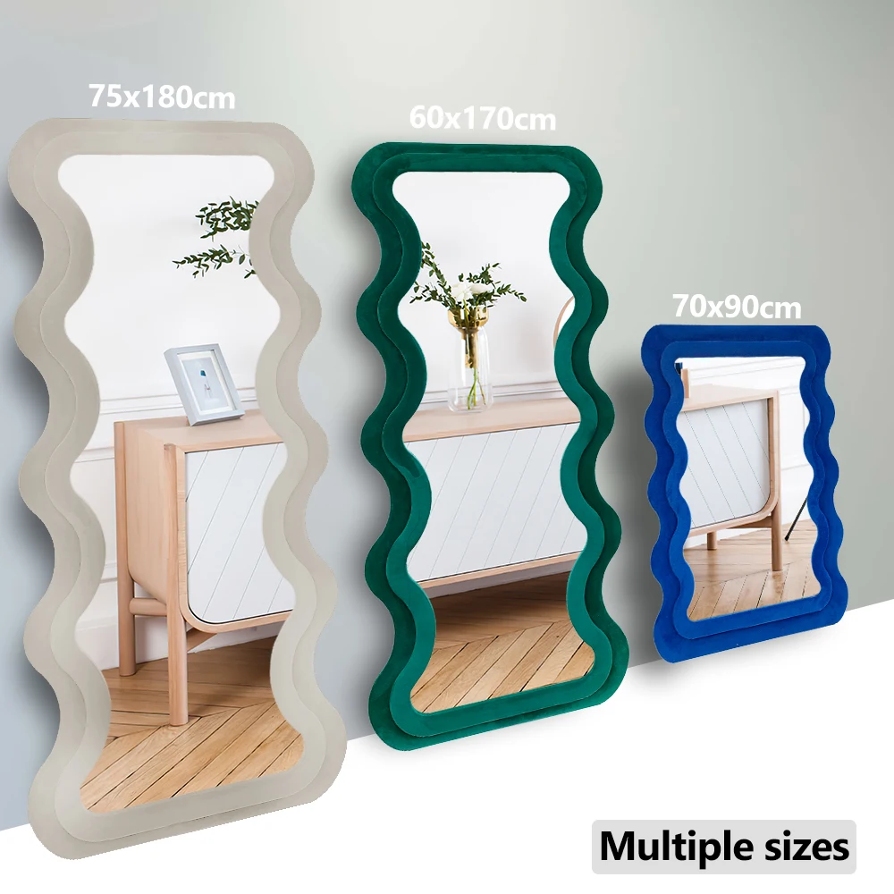 2024 New Promotion Wooden Mirror Spiegel Modern Irregular Wavy Long Home Goods Luminous Elegant Full Length Large Floor Mirrors