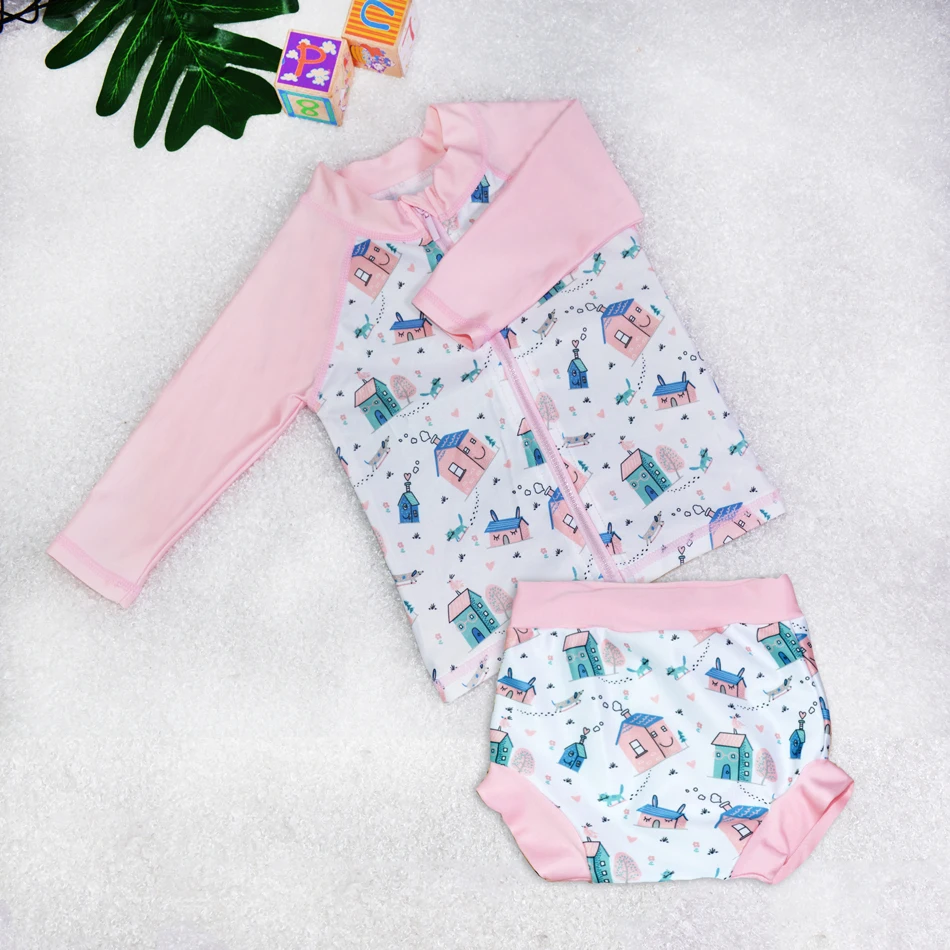 Baby Swimwear Suit Long Sleeve Shirts and Pants Swim Diaper, Baby Swimdress Easy to Wear