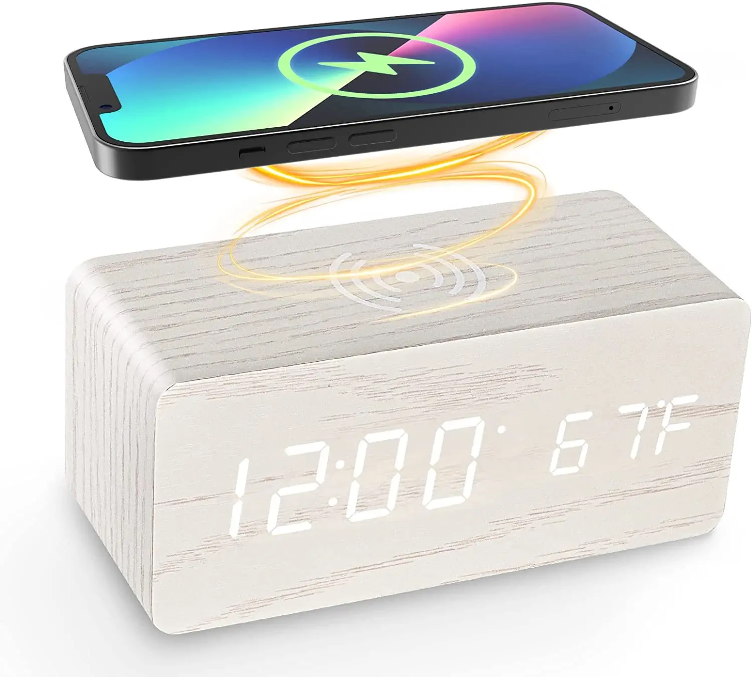 Factory High Quality  Home Wooden Digital LED Display Three Alarm Clock Charging Clock  Wireless Qi Charging Foe Phone  Bedside